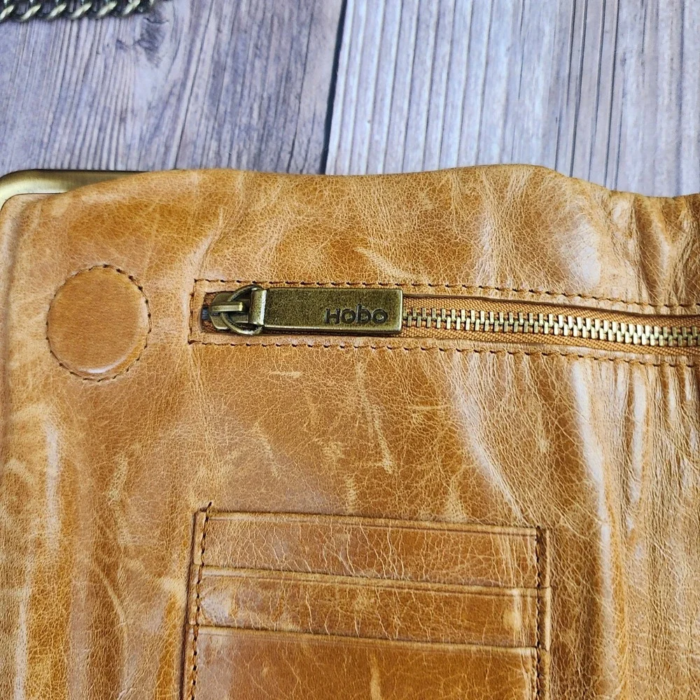Hobo Lauren Double Frame Leather Wallet Clutch Crossbody Honey Tan Brass Chain